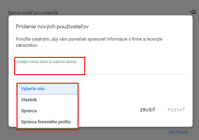 Prístupy Google Moja Firma